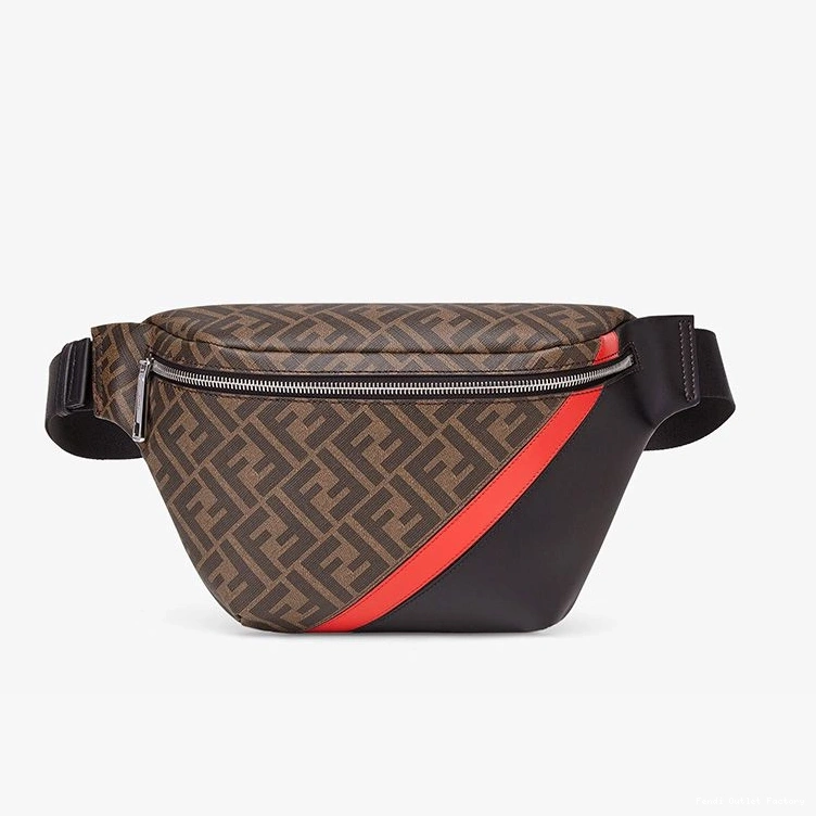 HOT FF Bag Brown In Fendi Motif Red Belt Fabric 0721